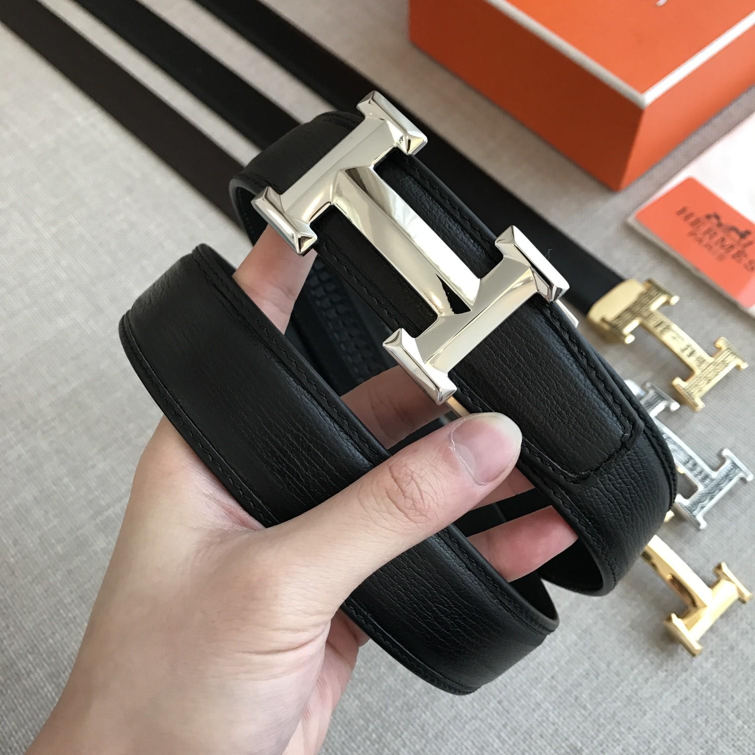 Hermes H Belt Buckle & Leather Strap Black