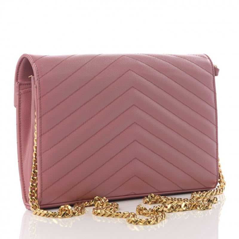Saint Laurent Grain De Poudre Matelasse Chevron Monogram Woc Blush Fonce Pink Leather Shoulder Bag