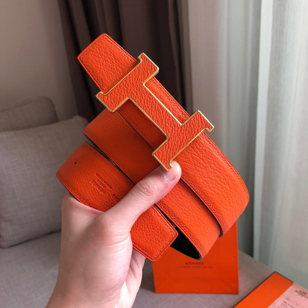 Hermes H Guillochee Belt Buckle & Reversible Leather Strap Orange