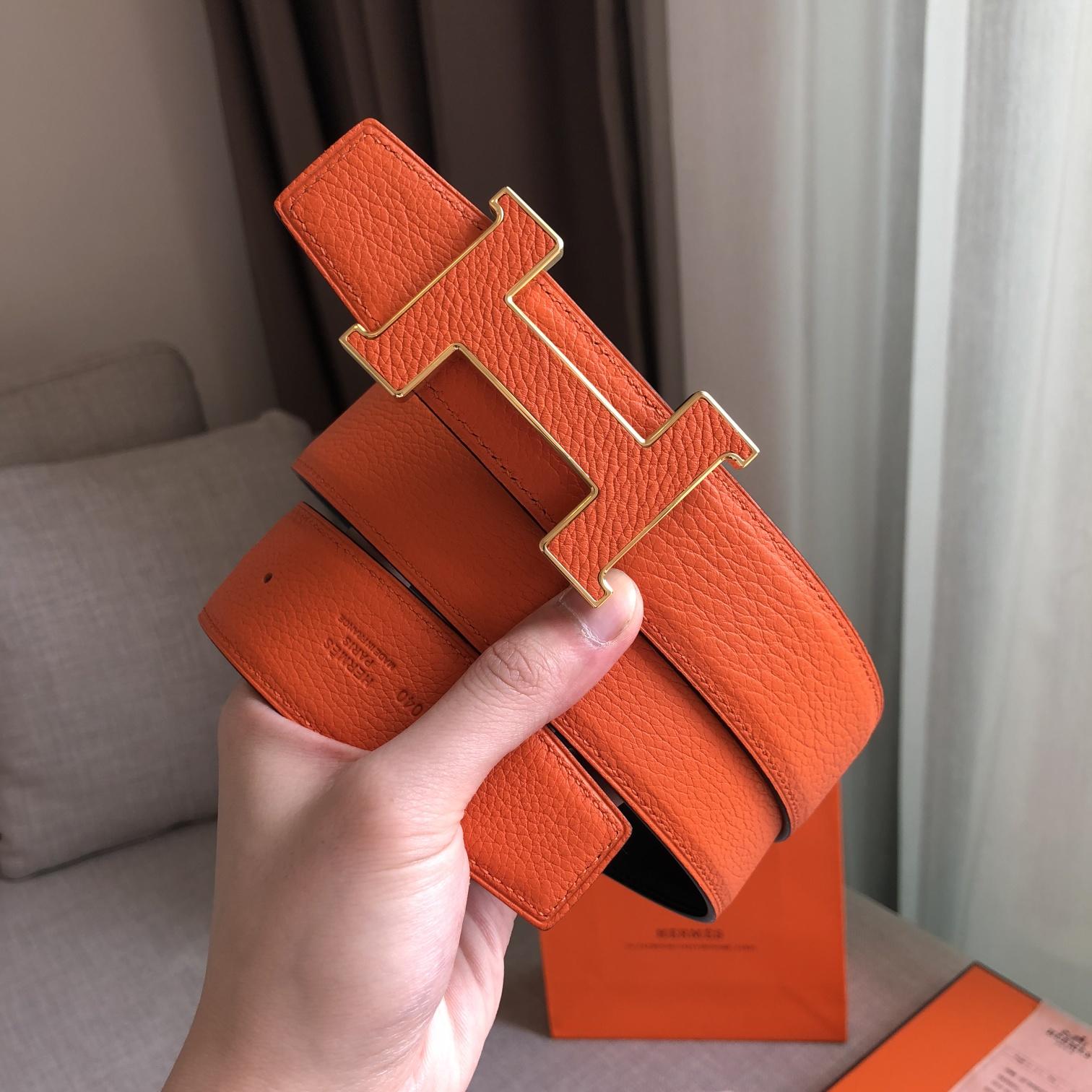 Hermes H Guillochee Belt Buckle & Reversible Leather Strap Orange
