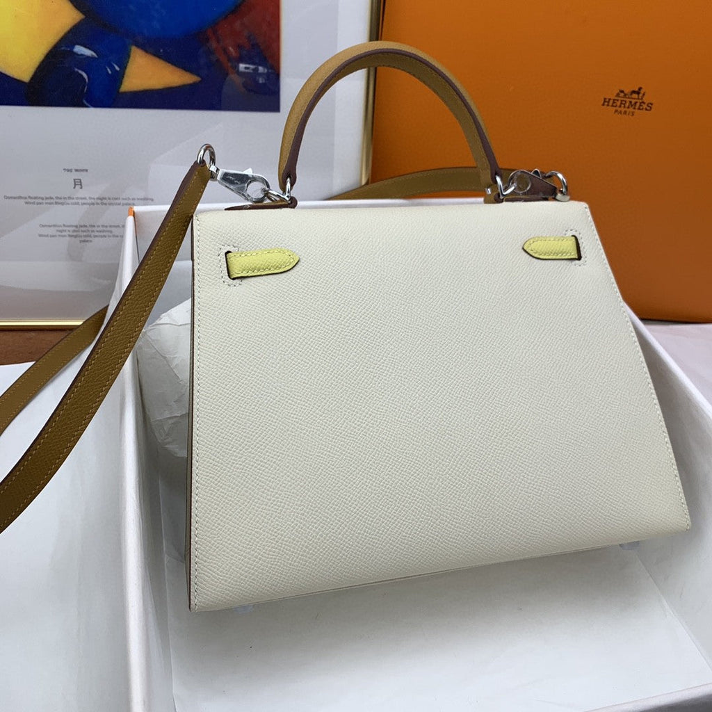 Hermes Kelly 25 Togo Silver Hardware White