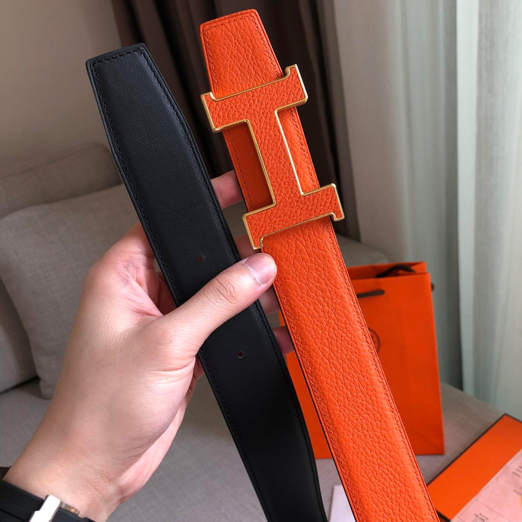 Hermes H Guillochee Belt Buckle & Reversible Leather Strap Orange