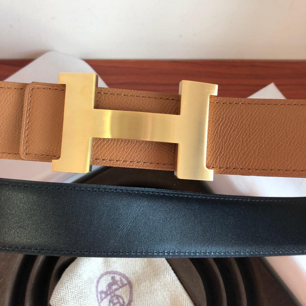 Hermes Mini Constance Guillochee Belt Buckle Reversible Leather Strap Brown