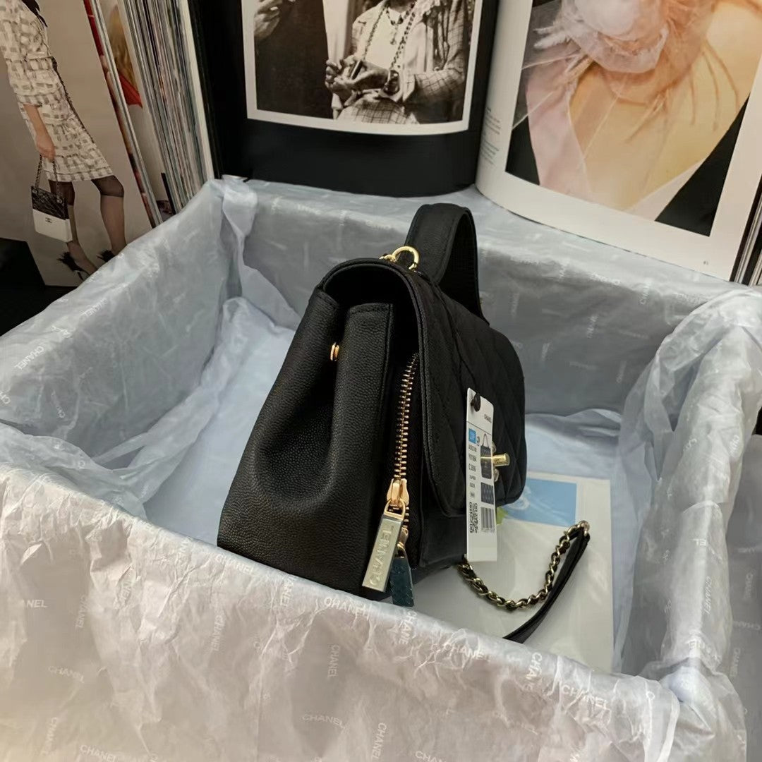 Chanel Flap Bag Top Handle With Chain 19cm Black
