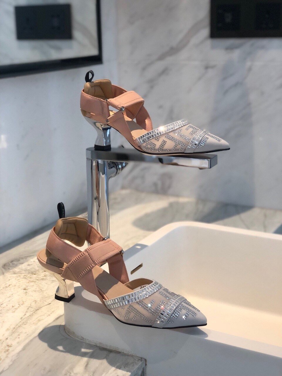 Fendi Colibri Runway Crystal FF Slingback Pumps 55mm Spring/Summer Collection White
