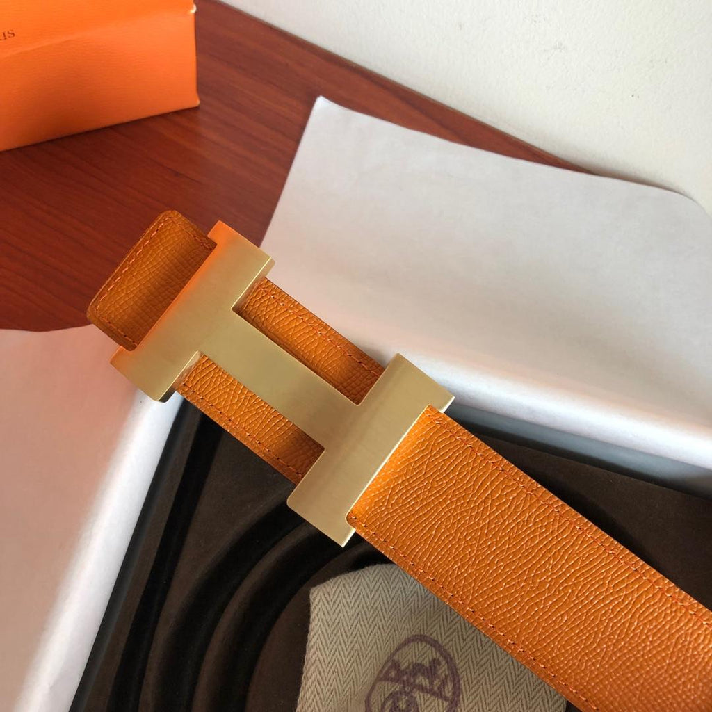 Hermes Mini Constance Guillochee Belt Buckle & Reversible Leather Strap Orange