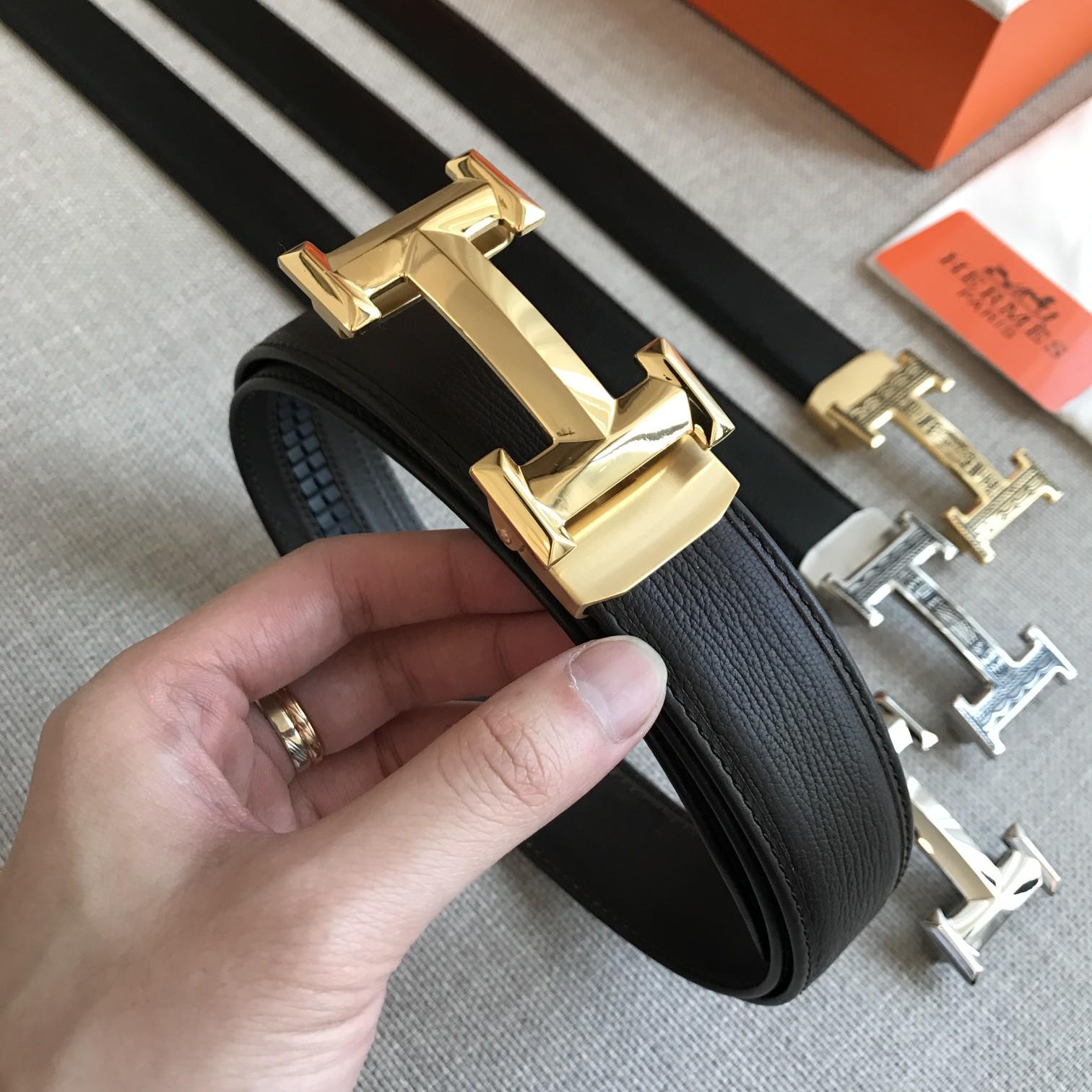 Hermes H Belt Buckle & Leather Strap Black