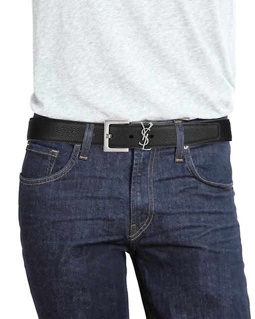 Saint Laurent Men's YSL Silver Logo Leather Belt
