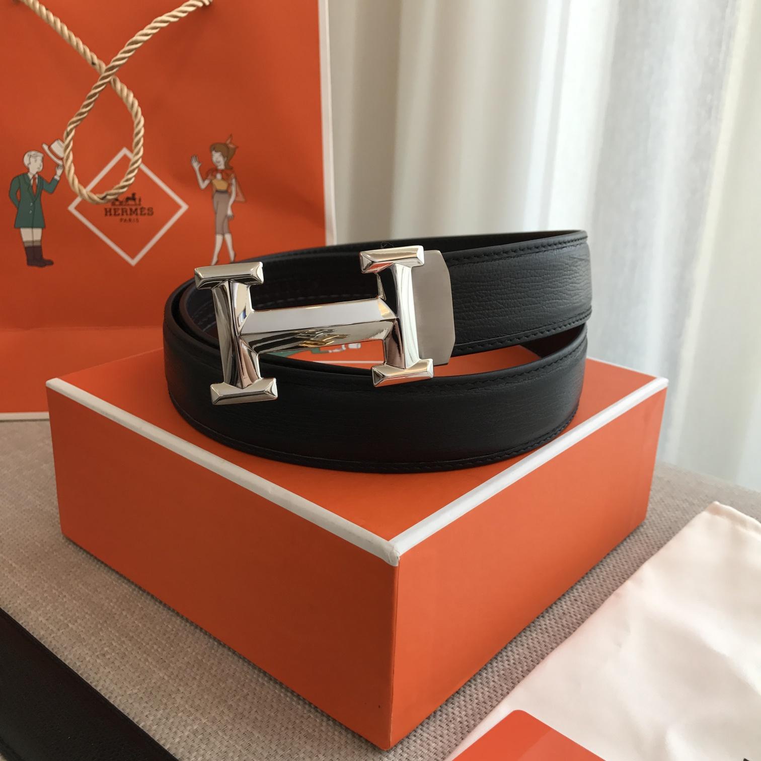 Hermes H Belt Buckle & Leather Strap Black