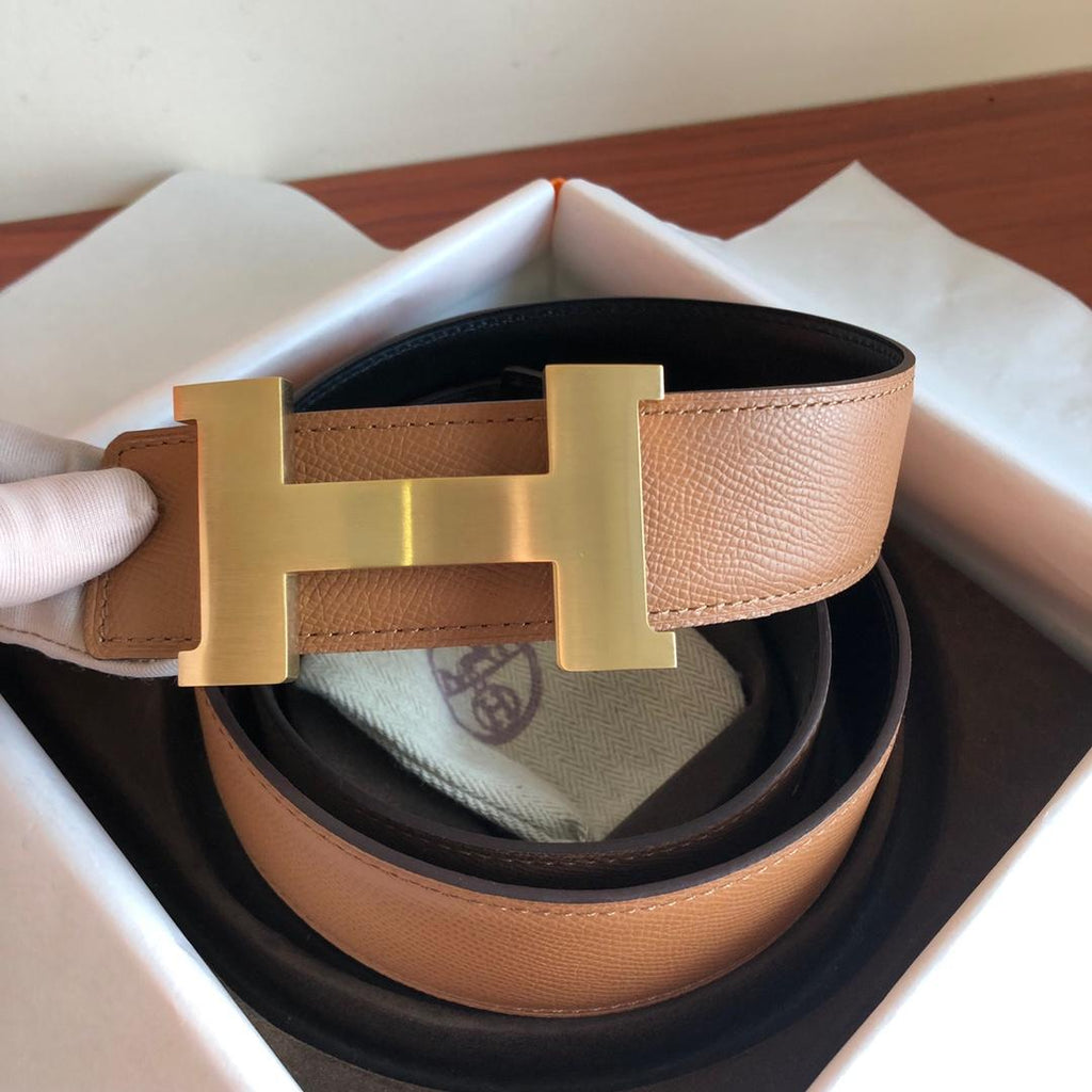 Hermes Mini Constance Guillochee Belt Buckle Reversible Leather Strap Brown