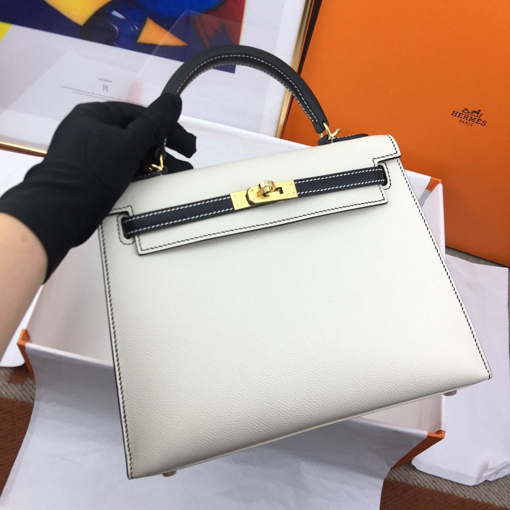 Hermes Kelly 25 Togo Gold Hardware White