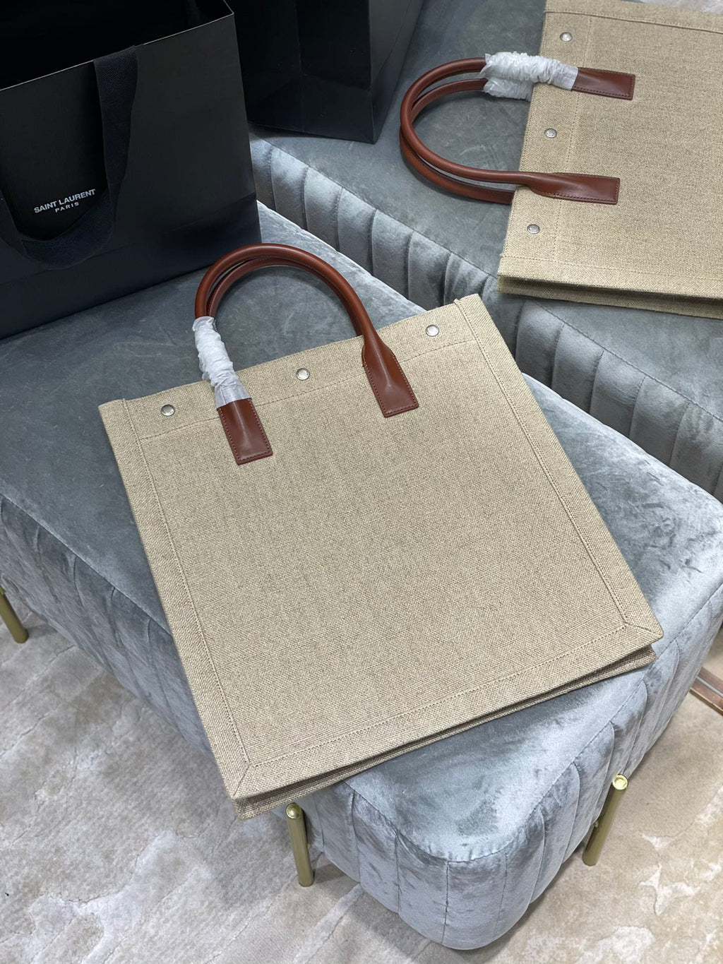 Saint Laurent Rive Gauche North/South Tote Bag In Printed Linen For Women 39cm YSL 632539FAABR9083