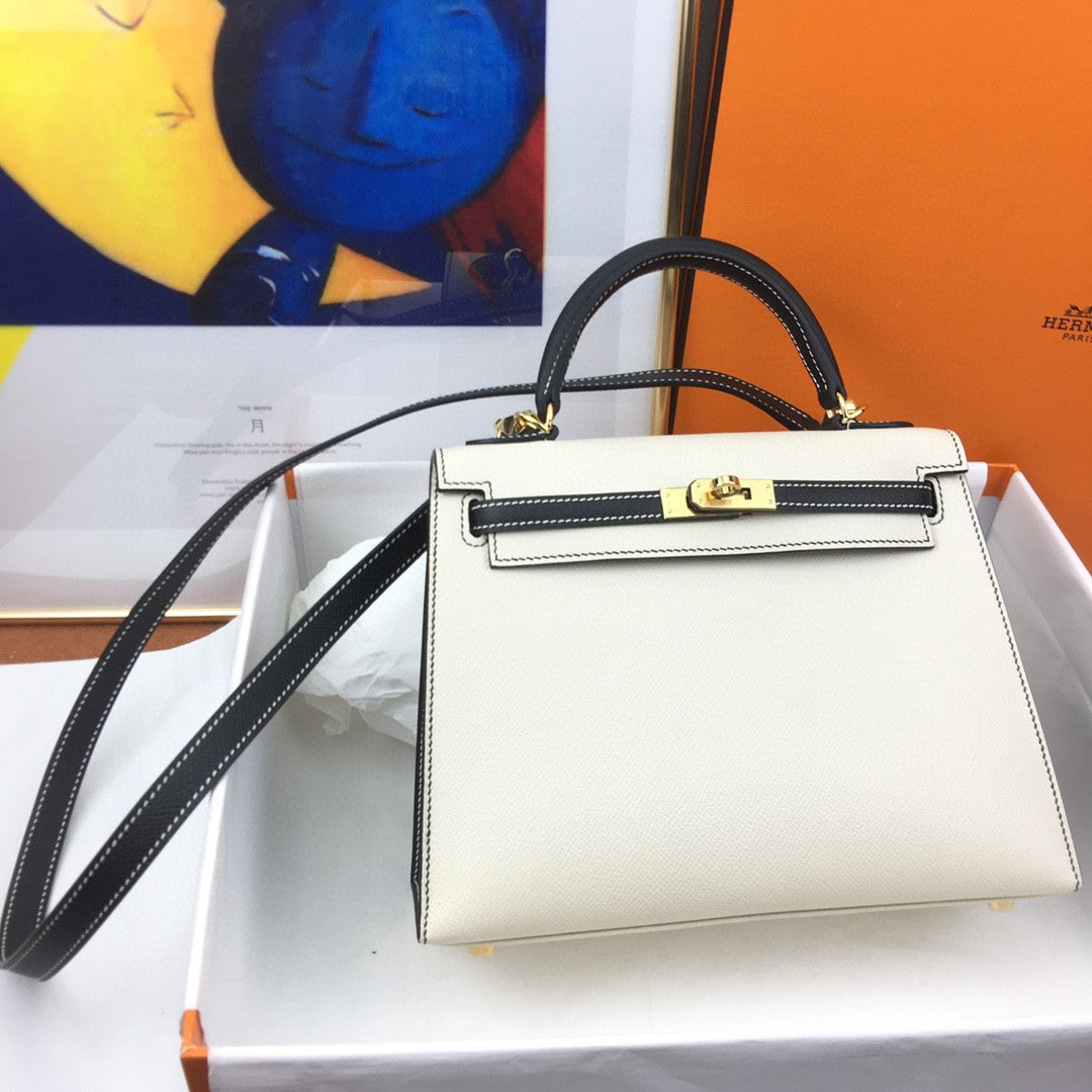 Hermes Kelly 25 Togo Gold Hardware White