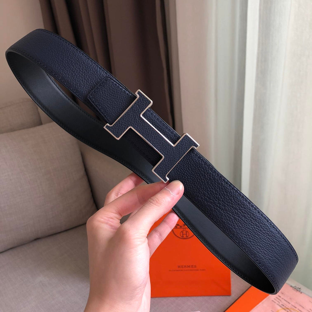 Hermes H Guillochee Belt Buckle & Reversible Leather Strap Black