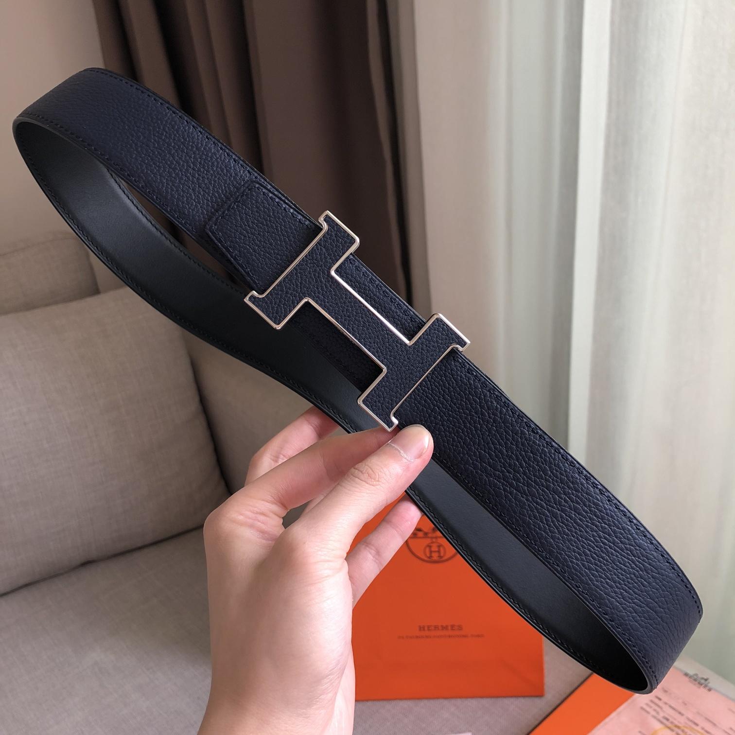 Hermes H Guillochee Belt Buckle & Reversible Leather Strap Black