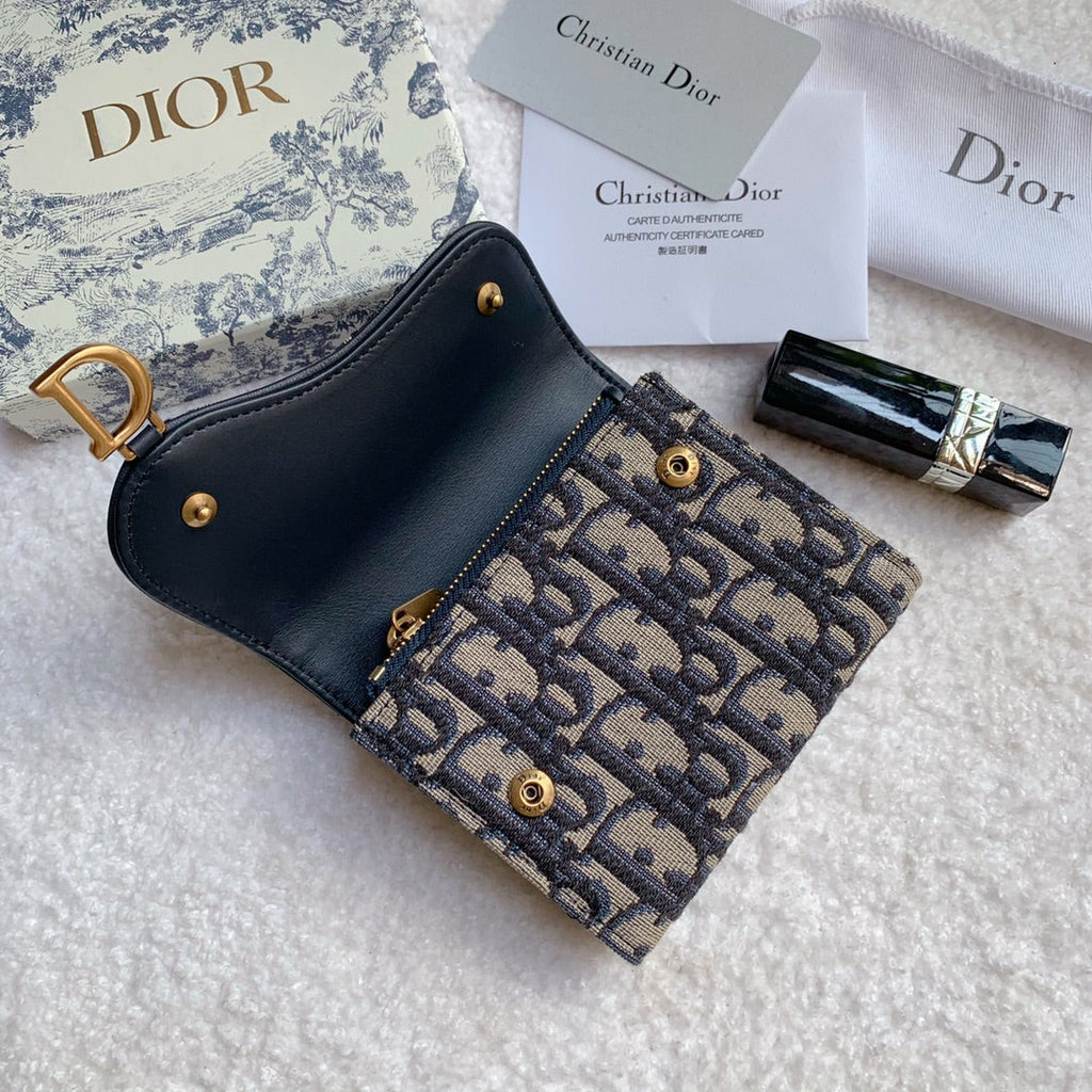 Christian Dior Saddle Flap Card Holder Black Wallet 11cm