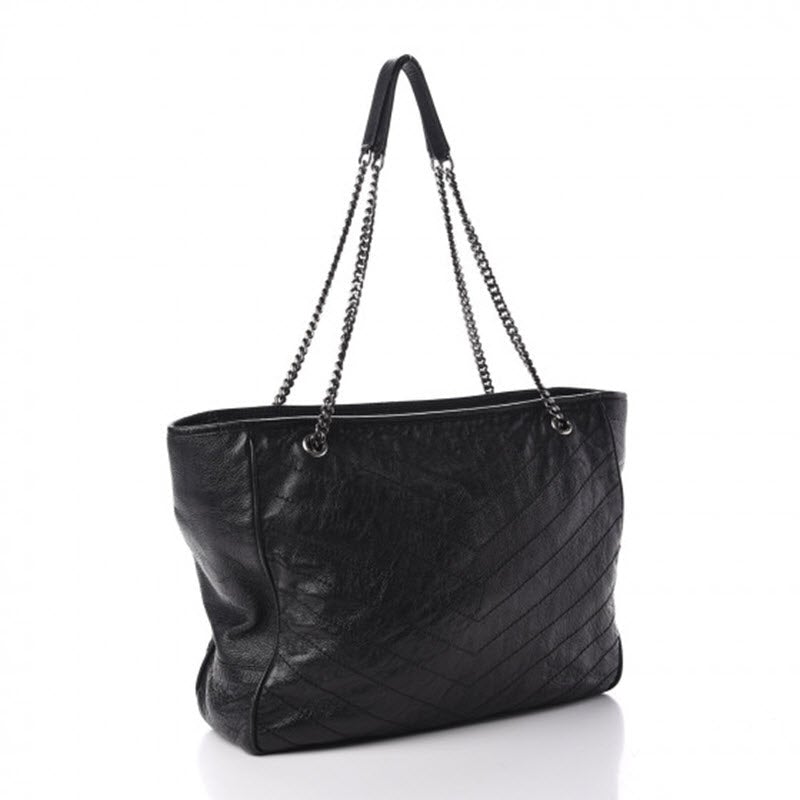 Saint Laurent Niki Crinkled Matelasse Monogram Large Shopping Black Calfskin Leather Tote