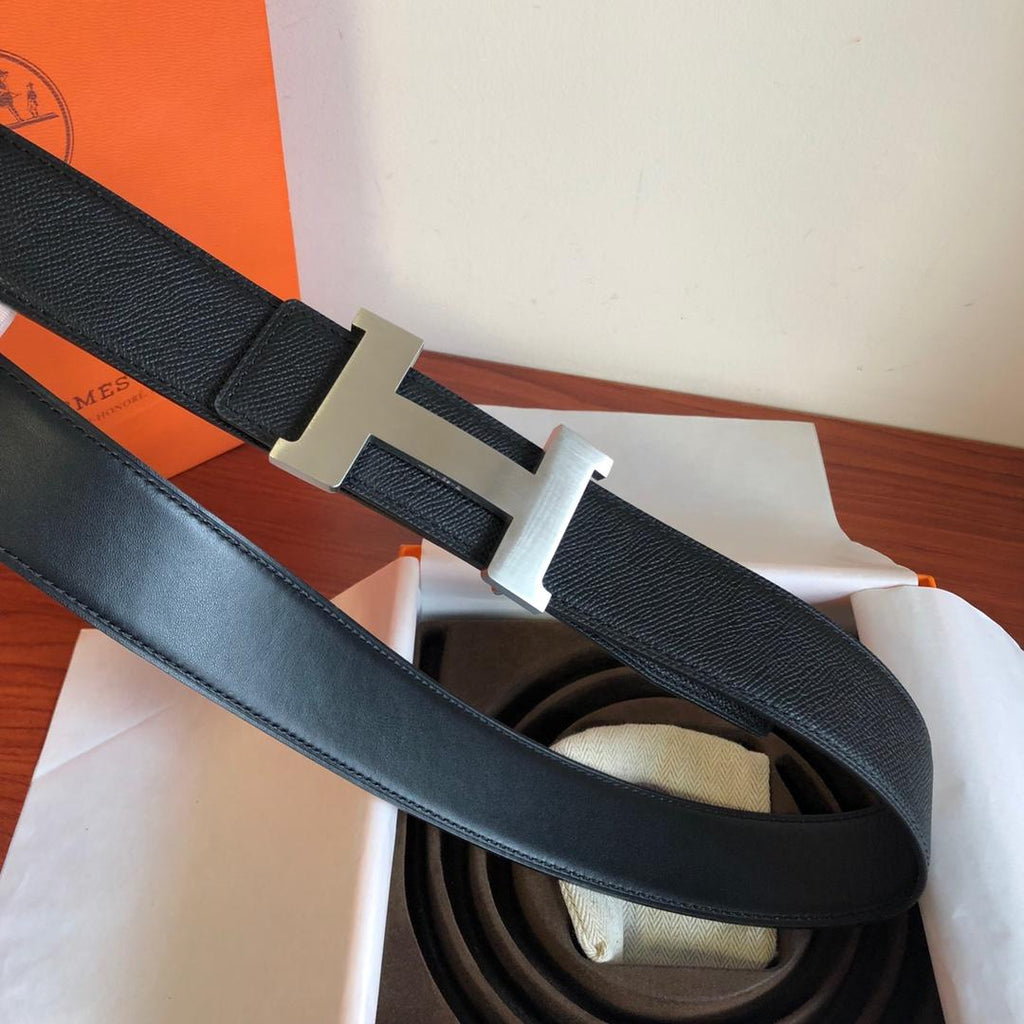 Hermes Mini Constance Guillochee Belt Buckle & Reversible Leather Strap Black