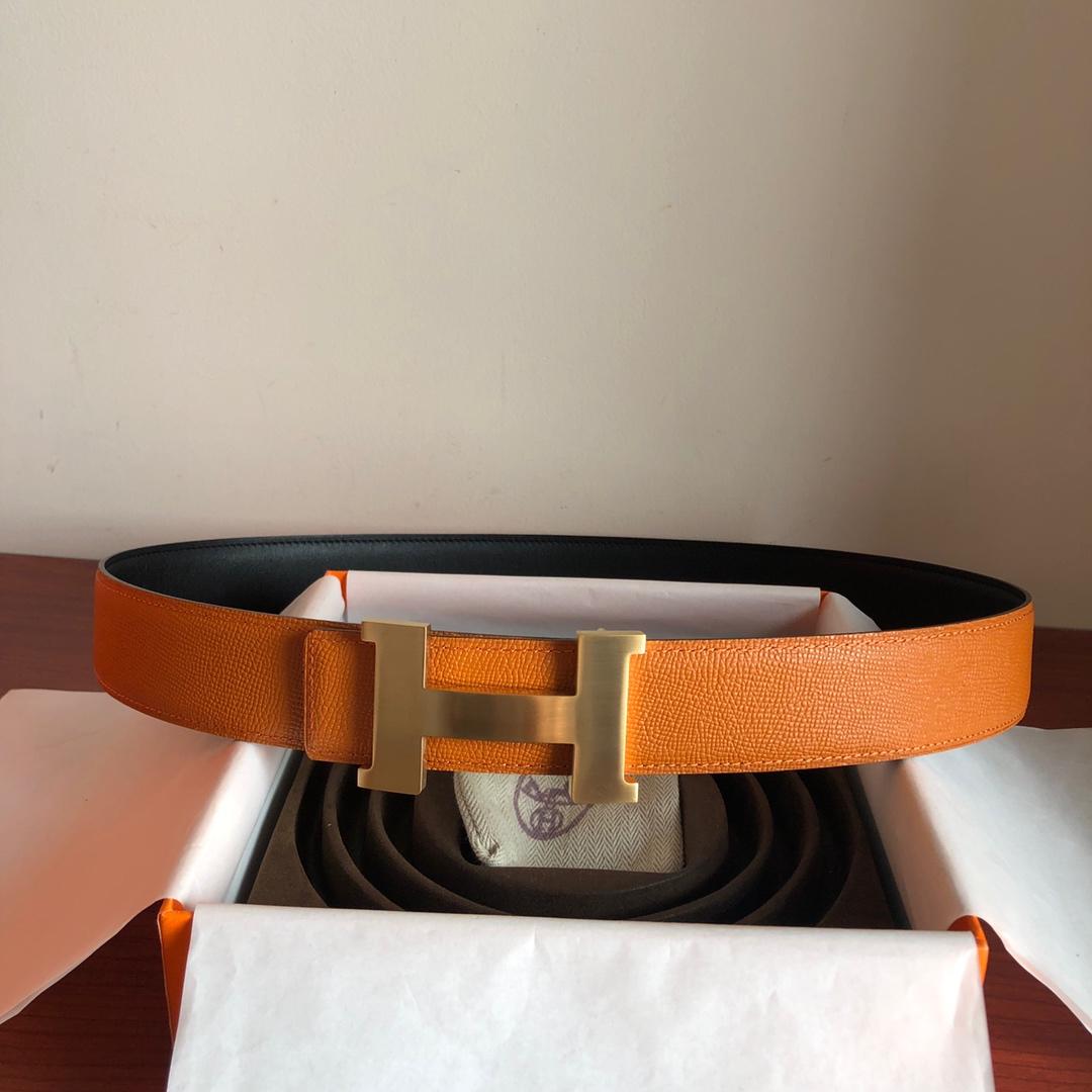 Hermes Mini Constance Guillochee Belt Buckle & Reversible Leather Strap Orange