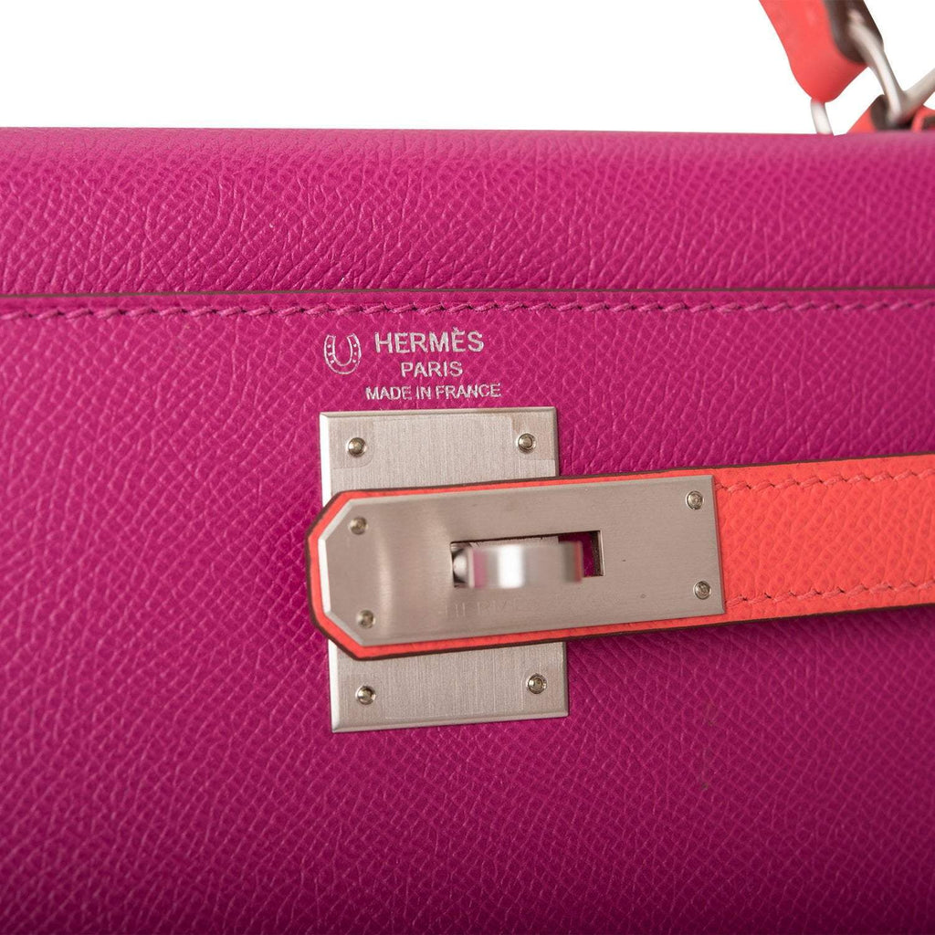 Hermes Kelly 28cm Bi-Color Rose Pourpre and Rose Jaipur Epsom Sellier Brushed Palladium Hardware