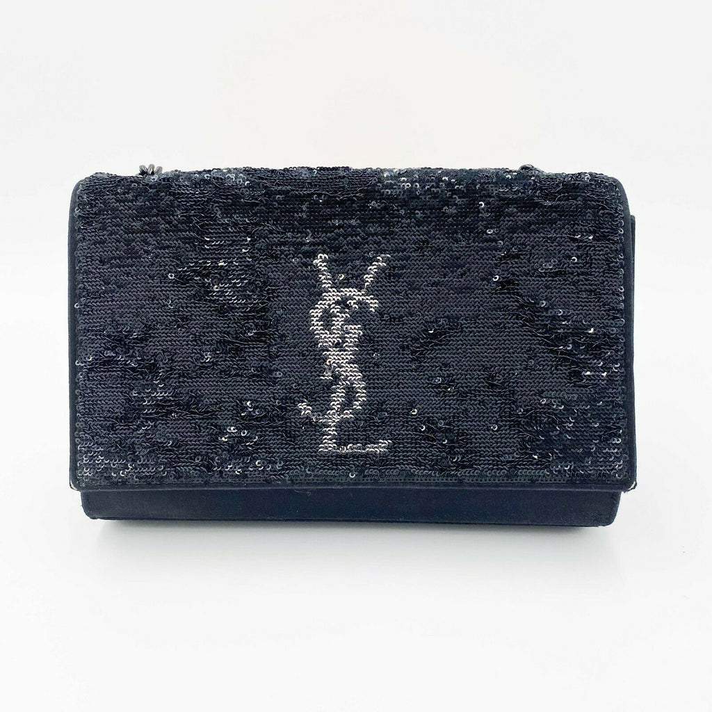 Saint Laurent Monogram Kate Crossbody Sequin Flip Black Satin Shoulder Bag