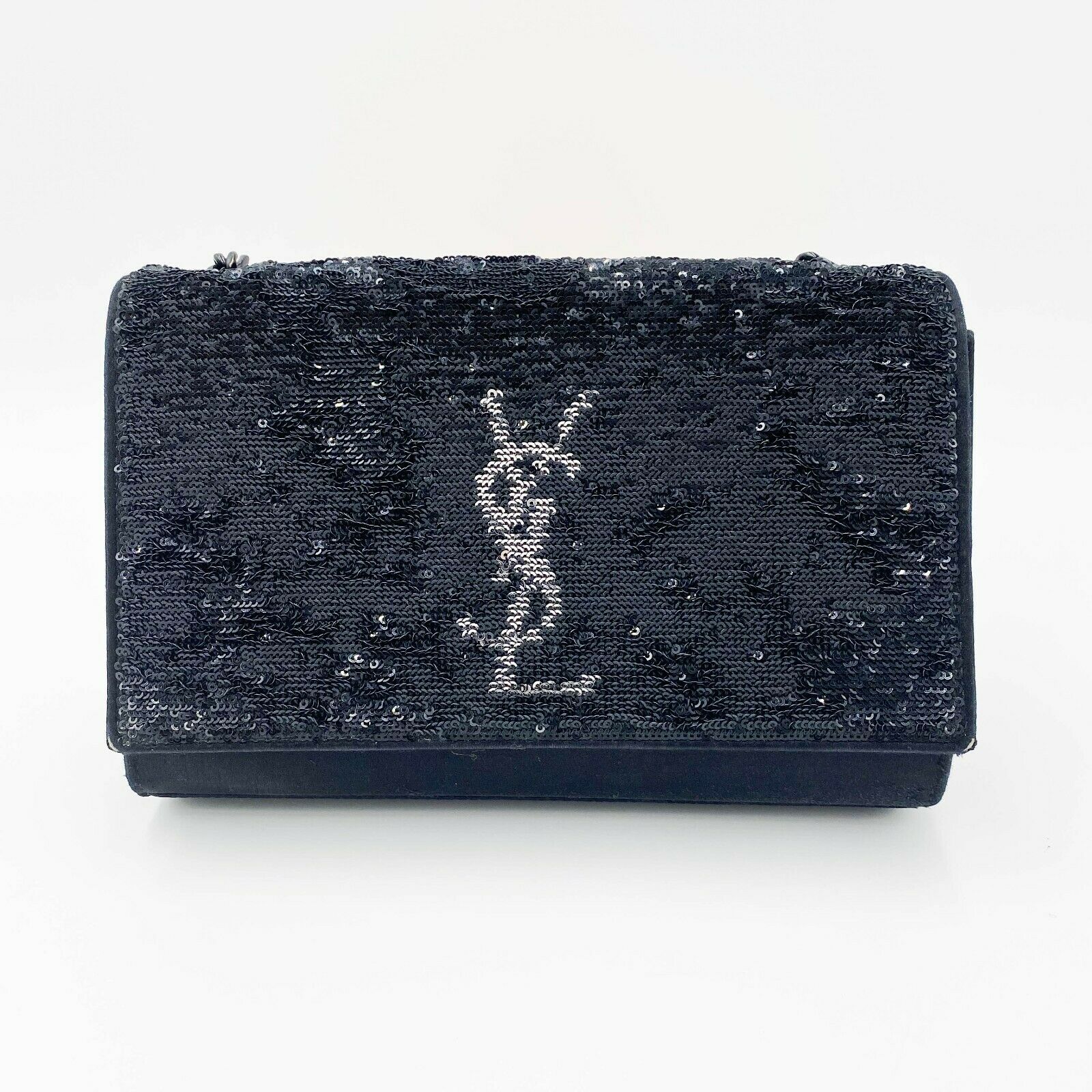 Saint Laurent Monogram Kate Crossbody Sequin Flip Black Satin Shoulder Bag