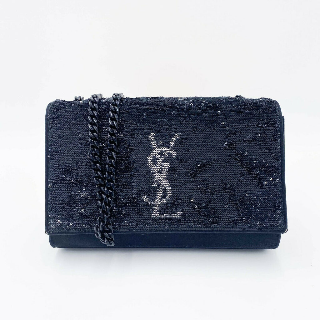 Saint Laurent Monogram Kate Crossbody Sequin Flip Black Satin Shoulder Bag