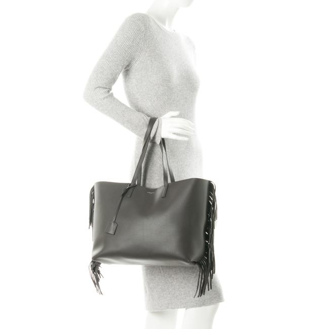 Saint Laurent Bag Large Fringe Shopping Monogram Black Calfskin Leather Tote