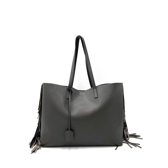 Saint Laurent Bag Large Fringe Shopping Monogram Black Calfskin Leather Tote