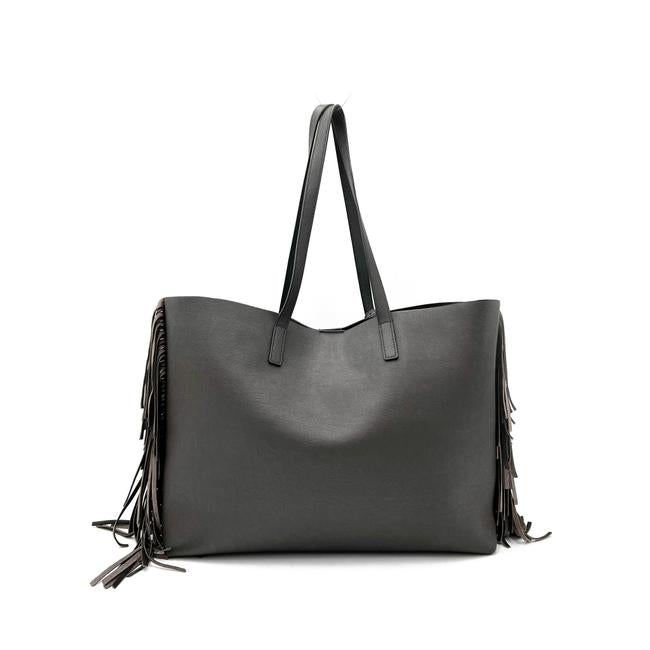 Saint Laurent Bag Large Fringe Shopping Monogram Black Calfskin Leather Tote