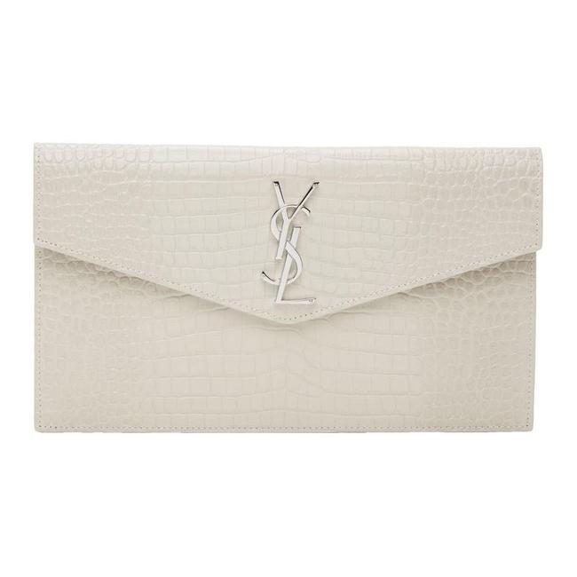 Saint Laurent Calfskin Crocodile Embossed Uptown Monogram Pouch Crema Soft Off-white Croc-effect Leather Clutch