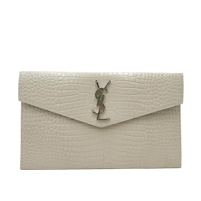 Saint Laurent Calfskin Crocodile Embossed Uptown Monogram Pouch Crema Soft Off-white Croc-effect Leather Clutch