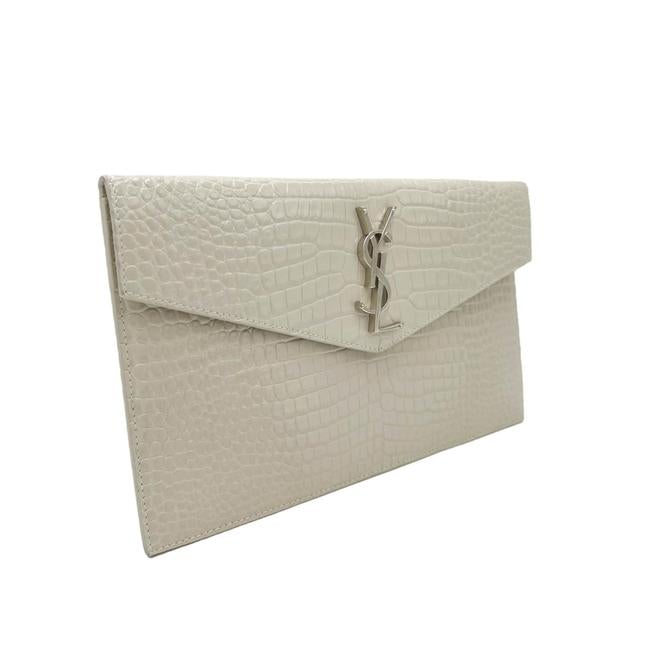 Saint Laurent Calfskin Crocodile Embossed Uptown Monogram Pouch Crema Soft Off-white Croc-effect Leather Clutch