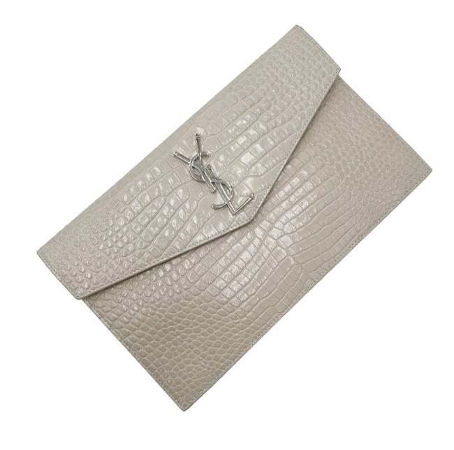 Saint Laurent Calfskin Crocodile Embossed Uptown Monogram Pouch Crema Soft Off-white Croc-effect Leather Clutch