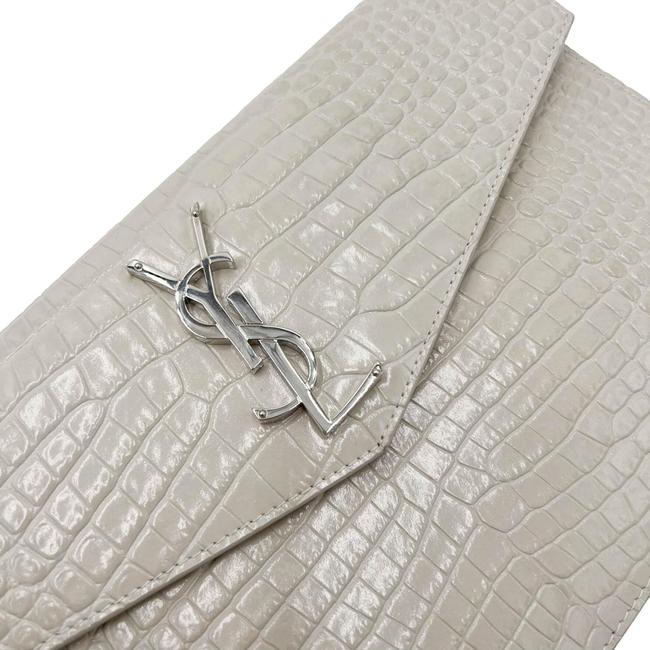 Saint Laurent Calfskin Crocodile Embossed Uptown Monogram Pouch Crema Soft Off-white Croc-effect Leather Clutch