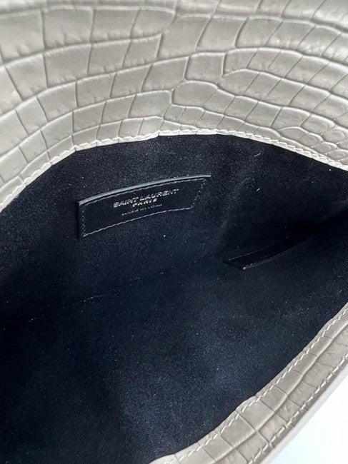 Saint Laurent Calfskin Crocodile Embossed Uptown Monogram Pouch Crema Soft Off-white Croc-effect Leather Clutch