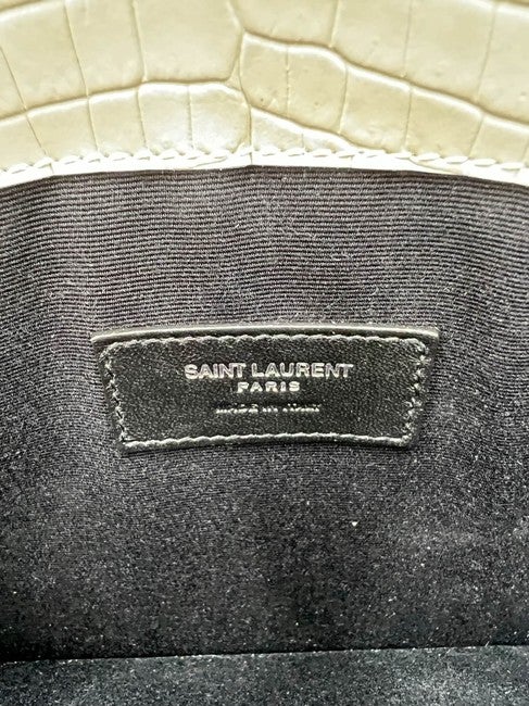 Saint Laurent Calfskin Crocodile Embossed Uptown Monogram Pouch Crema Soft Off-white Croc-effect Leather Clutch