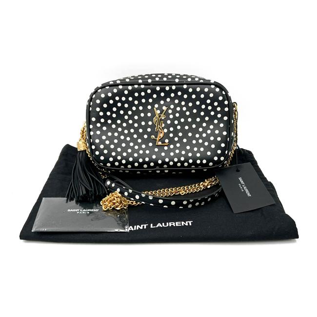 Saint Laurent Camera Lou Calfskin Printed Polka Dot Mini Crema Soft Black Leather Cross Body Bag
