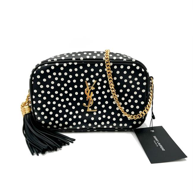 Saint Laurent Camera Lou Calfskin Printed Polka Dot Mini Crema Soft Black Leather Cross Body Bag