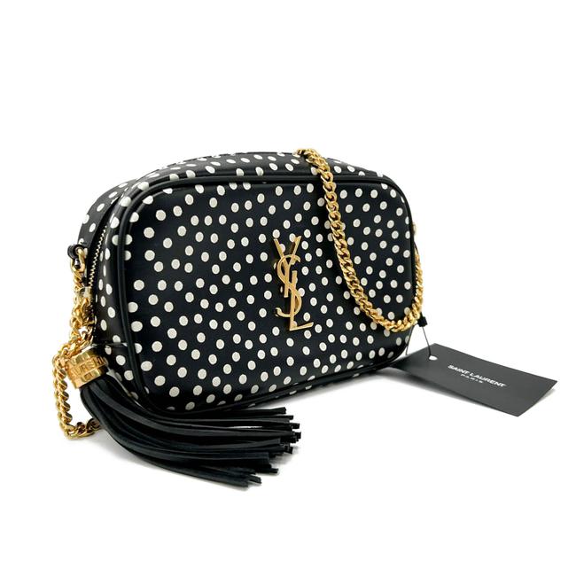 Saint Laurent Camera Lou Calfskin Printed Polka Dot Mini Crema Soft Black Leather Cross Body Bag