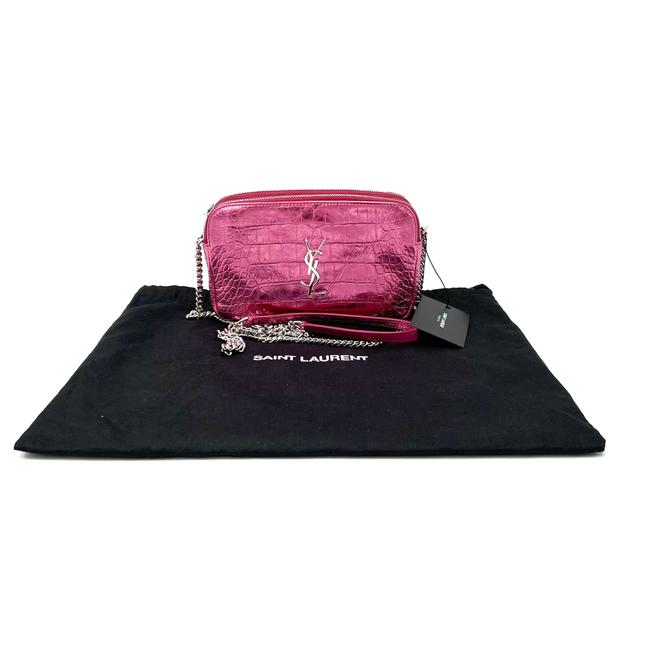 Saint Laurent Camera Lou Double Zip Metallic Chain Monogram Pink Leather Cross Body Bag