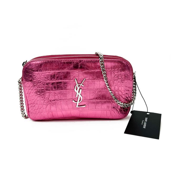 Saint Laurent Camera Lou Double Zip Metallic Chain Monogram Pink Leather Cross Body Bag