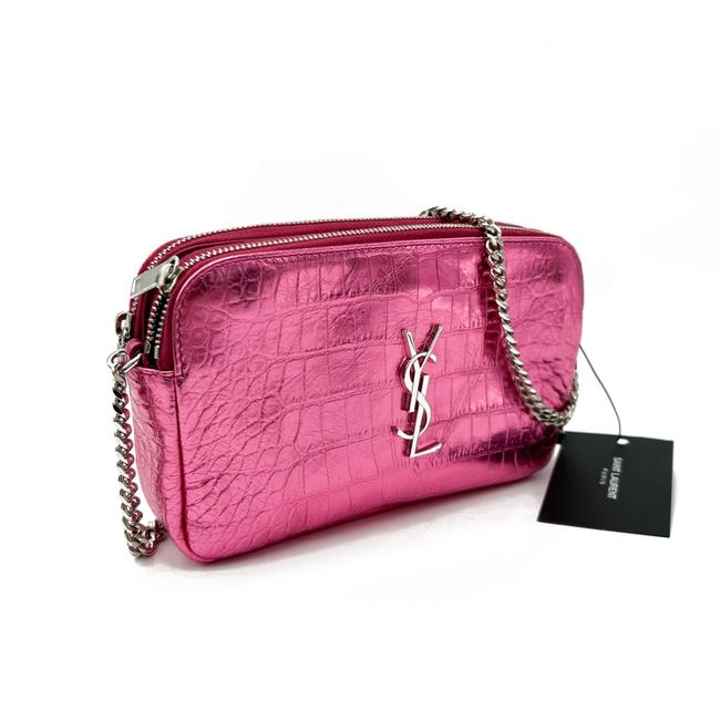Saint Laurent Camera Lou Double Zip Metallic Chain Monogram Pink Leather Cross Body Bag