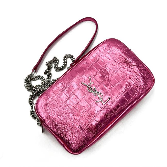 Saint Laurent Camera Lou Double Zip Metallic Chain Monogram Pink Leather Cross Body Bag