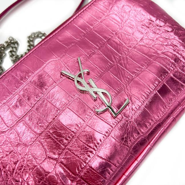 Saint Laurent Camera Lou Double Zip Metallic Chain Monogram Pink Leather Cross Body Bag