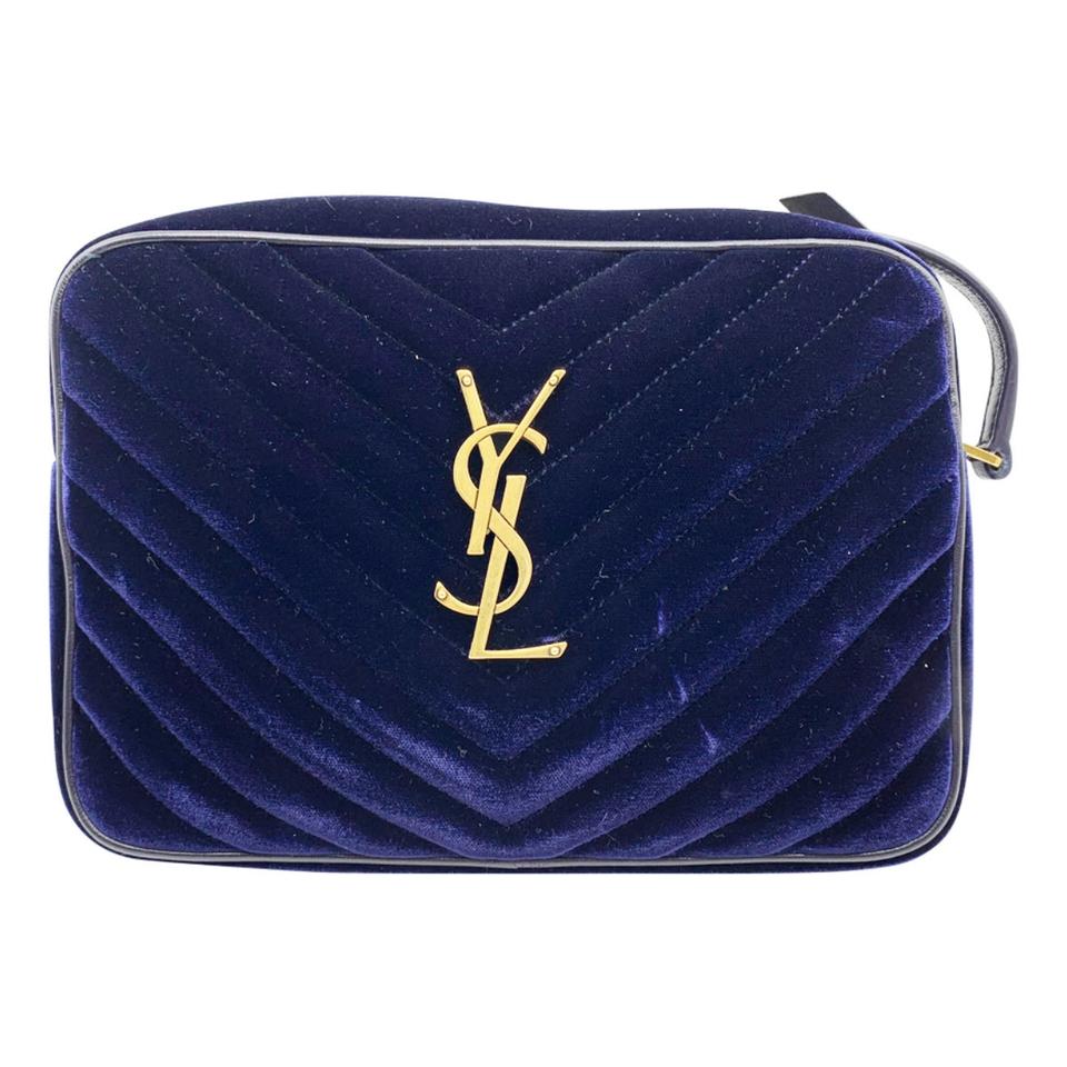 Saint Laurent Camera Lou Medium Ysl Monogram Quilted Blue Velvet Cross Body Bag