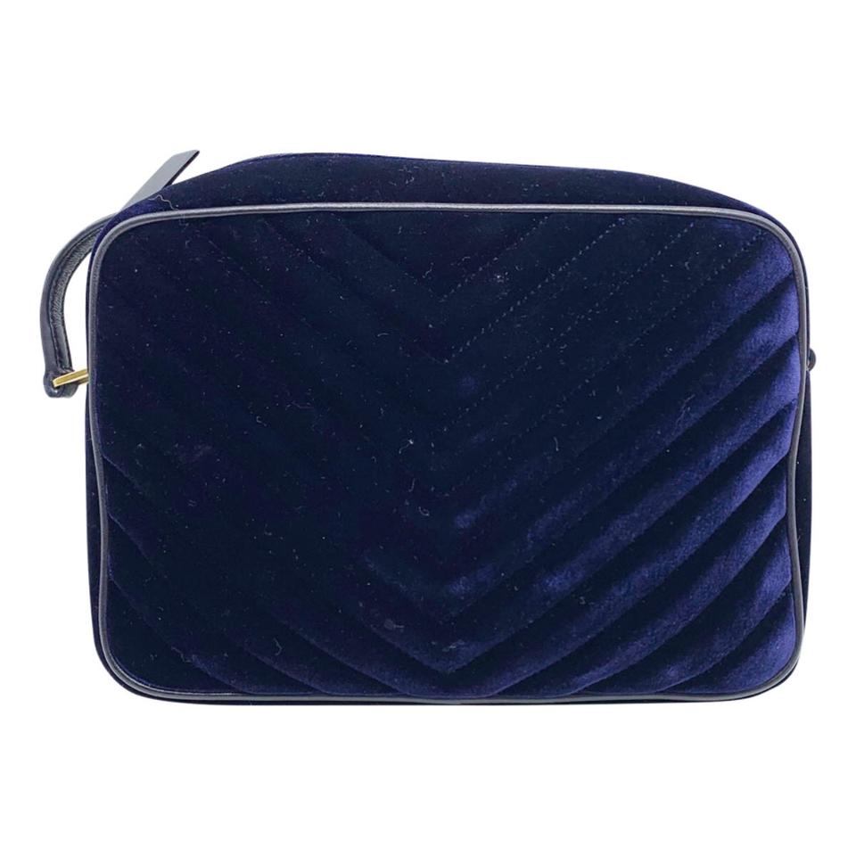 Saint Laurent Camera Lou Medium Ysl Monogram Quilted Blue Velvet Cross Body Bag