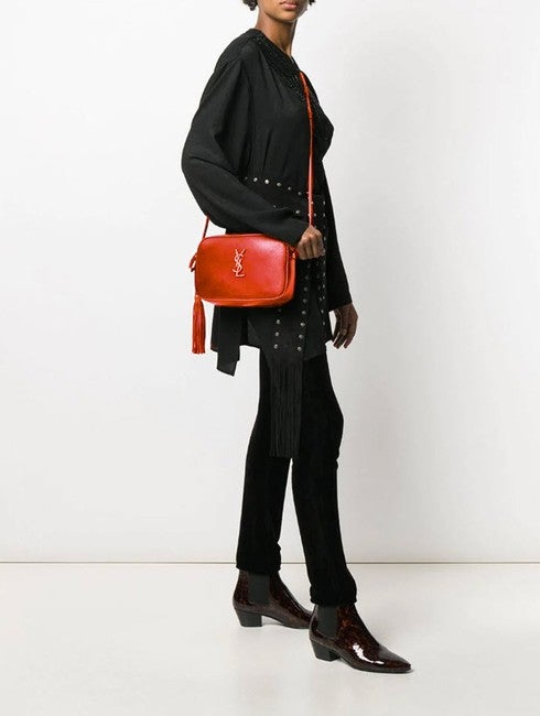 Saint Laurent Camera Lou Smooth Monogram Tassel Red Leather Cross Body Bag