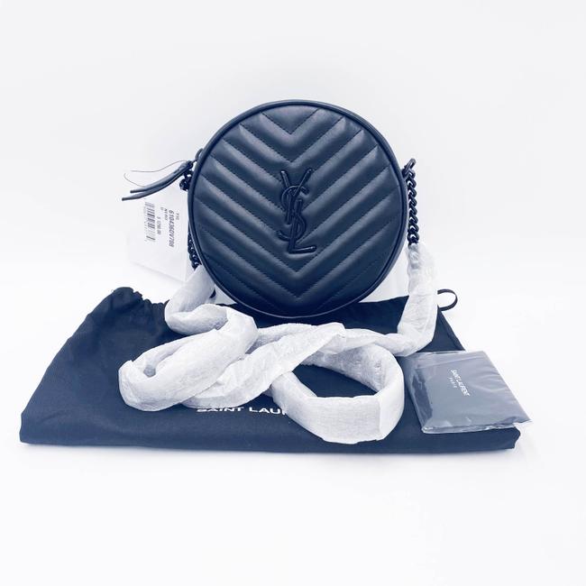 Saint Laurent Chain Wallet Camera Calfskin Matelasse Chevron Round Vinyle Black Leather Cross Body Bag