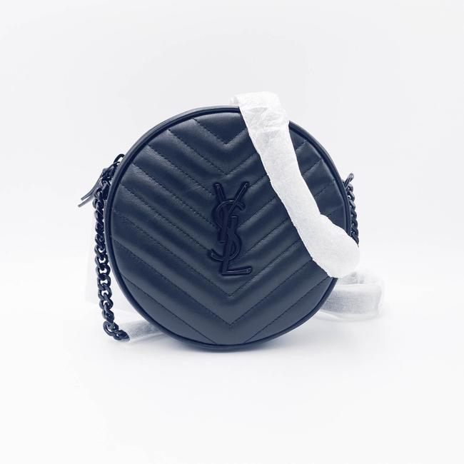 Saint Laurent Chain Wallet Camera Calfskin Matelasse Chevron Round Vinyle Black Leather Cross Body Bag